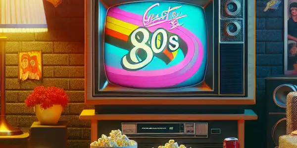 A cozy 1980s living room filled with retro decor, vintage films, and nostalgic pop culture elements.