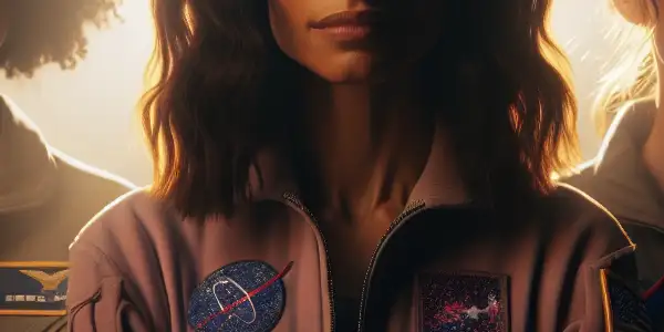 Three strong, diverse women stand together in a NASA-like environment, embodying resilience and female empowerment.