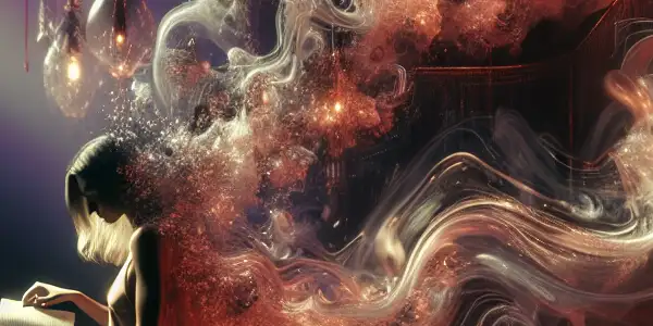 A cozy, intimate reading nook featuring a figure immersed in a book, surrounded by soft light and plush decor.