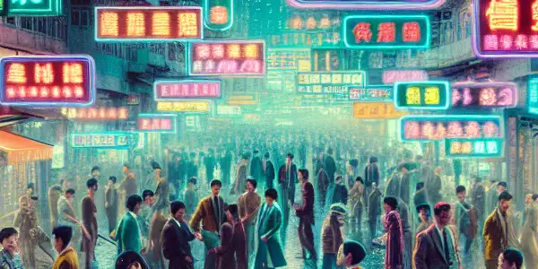 Vibrant Hong Kong nightlife scene with neon lights, a diverse crowd, and flirtatious interactions against an urban backdrop.