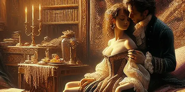A passionate couple embraces in an opulent, dimly lit room filled with classic literature.