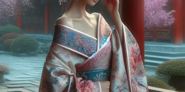 A classical beauty in traditional attire surrounded by serene gardens and ornate architecture, exuding elegance and allure.