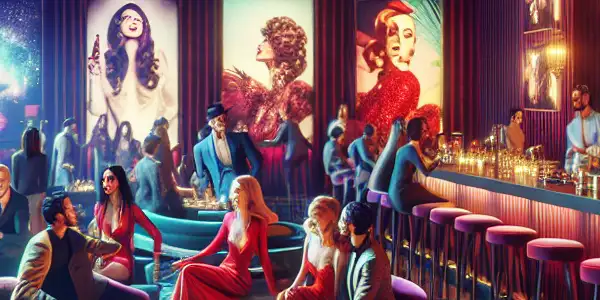 A luxurious lounge filled with diverse people enjoying cocktails and entertainment, embodying the essence of adult film culture.
