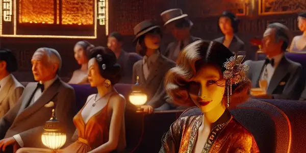 A vibrant 1970s Hong Kong movie theater scene featuring a glamorous figure inspired by Li Lijuan amidst a diverse audience.
