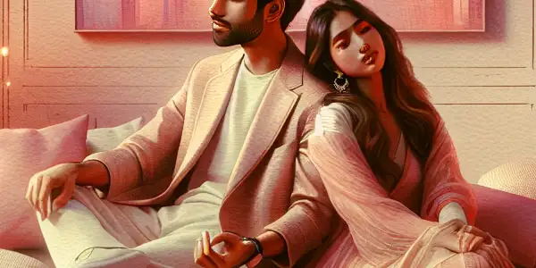 A cozy, softly lit room with a couple sharing a tender moment, surrounded by warm colors and intimate decor.