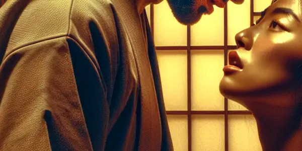 A couple shares an intimate moment in a softly lit Japanese room, surrounded by traditional decor and cinematic references.