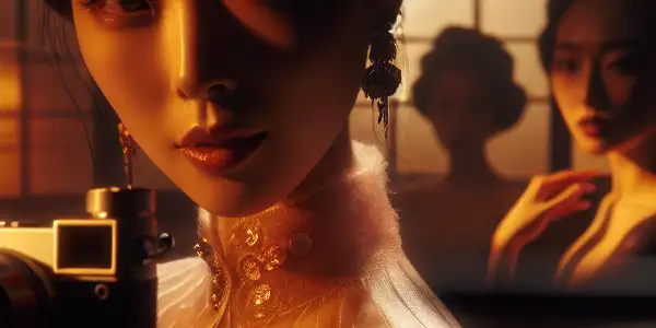 An elegant Asian woman playfully takes a selfie in a dimly lit, intimate room filled with alluring shadows.