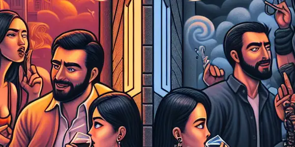 A split scene illustrating contrasting emotional connotations in language, depicting playful interactions and dramatic tension in adult entertainment.