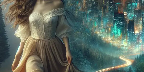 A young woman stands at a forest edge, gazing toward a vibrant city skyline, embodying innocence and allure.
