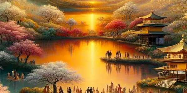 A romantic landscape featuring cherry blossoms, a serene lake, and couples sharing intimate moments at sunset.