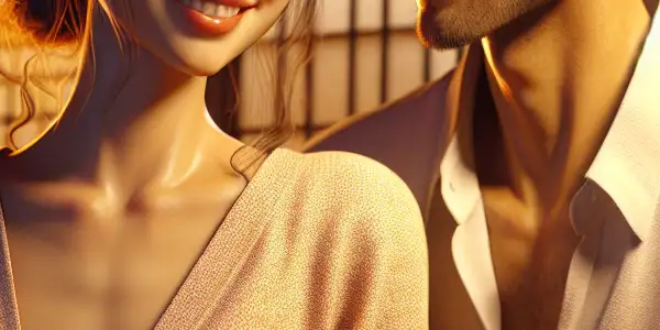 A romantic scene of two characters sharing an intimate moment in a softly lit, traditionally decorated Japanese room.