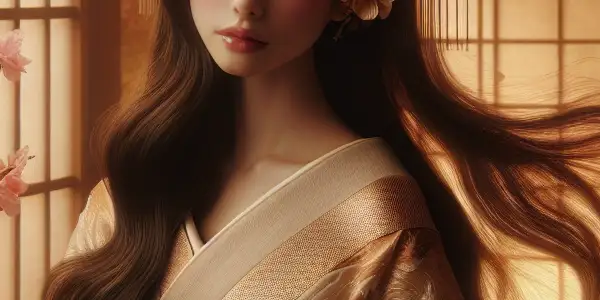 A beautiful woman in soft fabrics surrounded by cherry blossoms in a romantic, traditional Japanese setting.