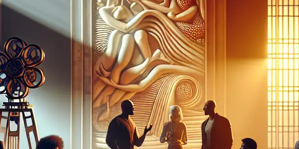 A luxurious gallery showcasing provocative art, with diverse enthusiasts engaging in intimate discussions about sensuality and beauty.