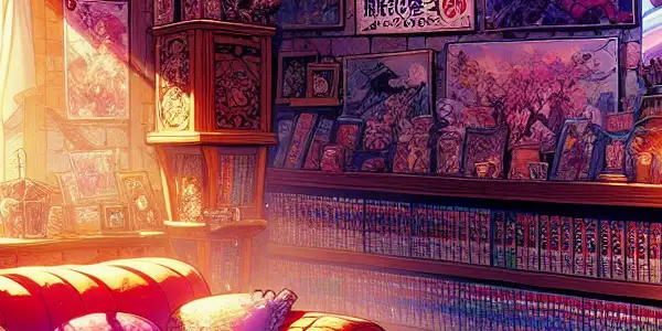 A cozy, intimate room filled with colorful manga posters, a plush sofa, and a warm, inviting atmosphere.