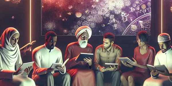 A cozy reading nook with diverse individuals enjoying modern erotic literature on tablets, surrounded by vibrant book covers.