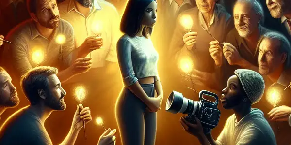 A newcomer filmmaker stands apart, facing an exclusive group of established industry members, symbolizing tension and hope for diversity.