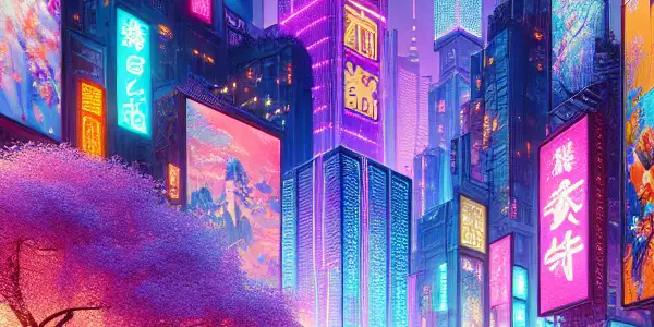 A vibrant neon-lit cityscape at night, blending traditional Asian elements with modern digital aesthetics.