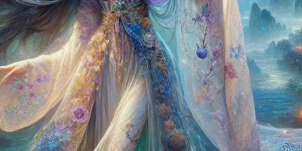 A mystical character in a celestial gown, surrounded by vibrant forests and ethereal lights, inviting viewers into her realm.