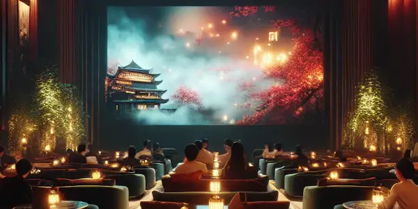 A luxurious adult entertainment venue with plush seating, warm lighting, and a large screen displaying abstract art.