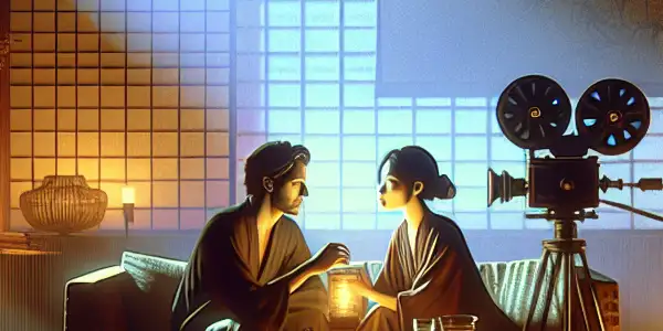 A couple in a dimly lit room explores passion and moral conflict, surrounded by Japanese decor and artistic elements.