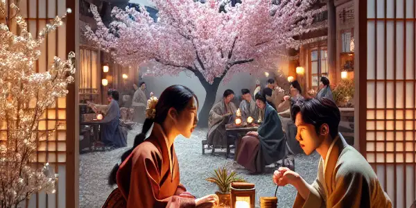 A cozy Seoul café where couples enjoy coffee and watch clips from iconic Korean erotic films amidst romantic decor.
