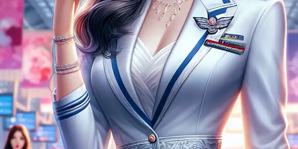 A glamorous South Korean flight attendant in a vibrant, bustling airport terminal filled with travelers and aircraft.