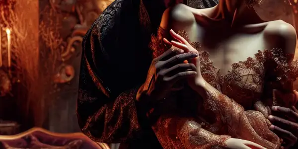 A couple shares an intimate moment in a warmly lit, elegantly decorated room, embodying passion and emotional connection.