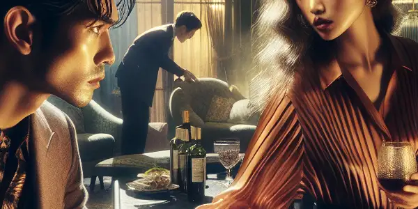 A passionate couple embraces in a dimly lit, luxurious apartment, surrounded by hints of intrigue and secrecy.