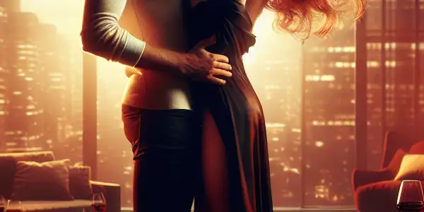 A romantic embrace between a couple in a stylish apartment with a city skyline view.