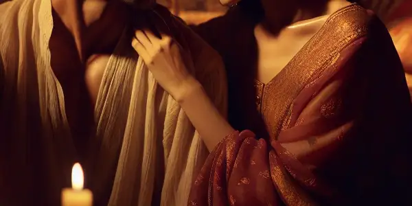 A romantic couple in an intimate, softly lit setting, surrounded by flowers and candles, conveying love and desire.