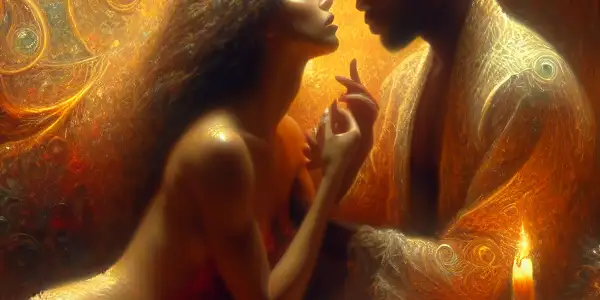 Two figures share an intimate moment in a softly lit, cozy room filled with warm colors and romantic elements.