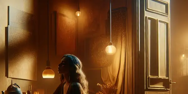 A romantic, intimate scene of a man and woman in deep conversation, conveying passion and vulnerability in a warm-lit room.